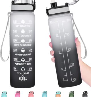 Enerbone Water Bottle, Leakproof BPA & Toxic Free, Motivational Water Bottle with Times to Drink and Straw, Fitness Sports Water Bottle with Strap for Office, Gym, Outdoor Sports
