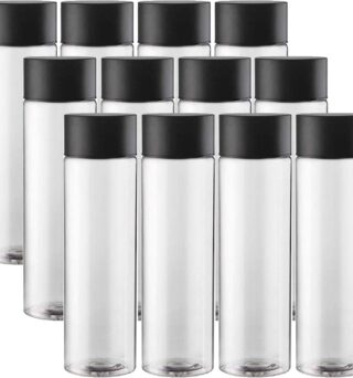12-Pack Empty Plastic Juice and Water Bottles, 400ml Reusable Containers with Black Lids for Smoothies, Sensory Crafts, and Calm Down Activities