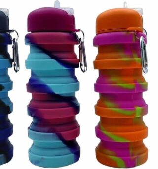 Collapsible Water Bottle, Camping Cup With Carabiner, Reuseable Silicone Foldable Leak Proof Portable Sports Travel Water Bottles For Outdoor, Travel Gym Hiking, BPA Free, Cycling Cups with Carabiner