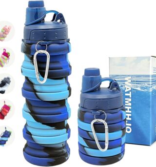 Silicone Collapsible Water Bottles, 16oz（500ml） Portable Foldable Expandable Water Bottle Sports Cups, Leak Proof Reusable BPA Free, for Outdoor Activities (Blue)