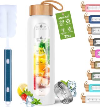 Aqulea Glass Water Bottles 32 Oz with Silicone Sleeve - BPA Free Reusable Wide Mouth Glass Motivational Water Bottles with Fruit Infuser – Leak Proof Borosilicate Water Bottle with Time Marker (White)