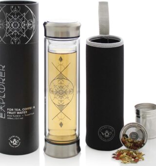 Teabloom All-Beverage Infusion Bottle – 14 oz / 400 ml – Double Wall Insulated Glass Travel Flask – Hot Tea & Cold Brew Coffee Thermos – Removable Sleeve